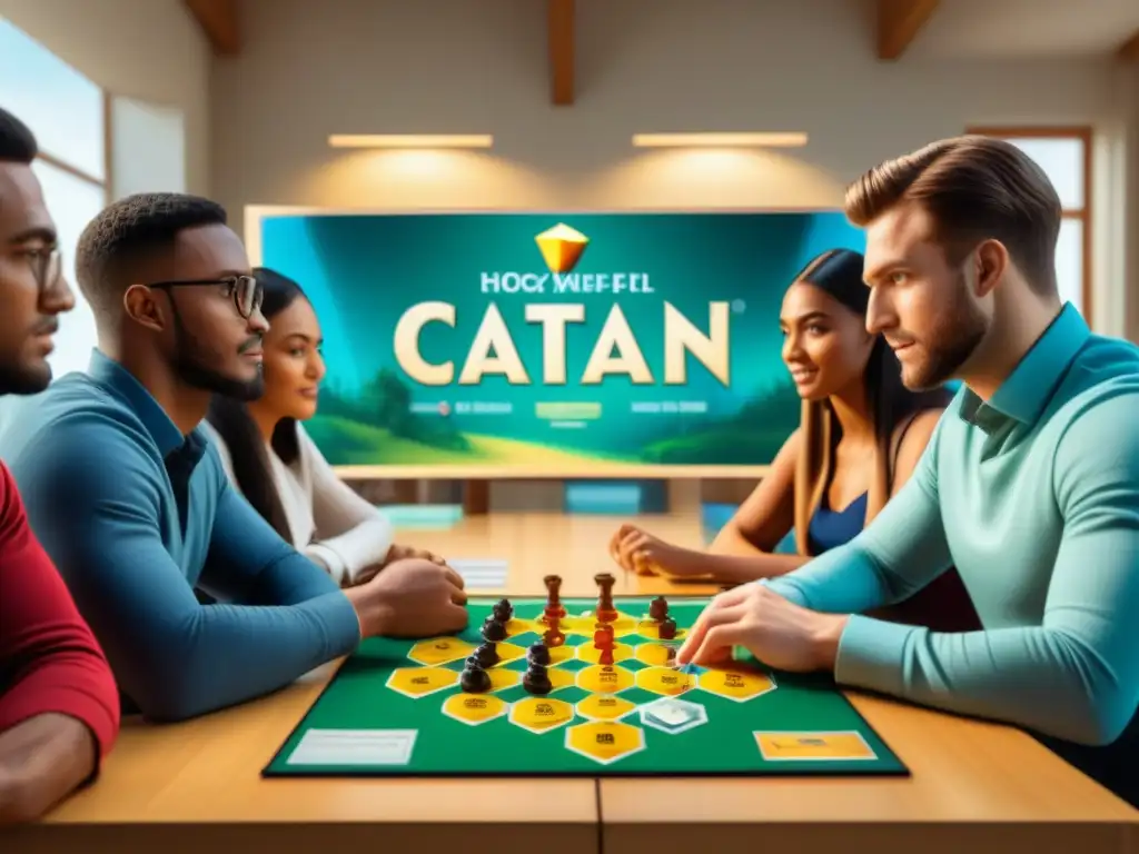 Grupo diverso de estudiantes concentrados en emocionante partida educativa de Catan en aula moderna: éxito juegos de mesa educativos