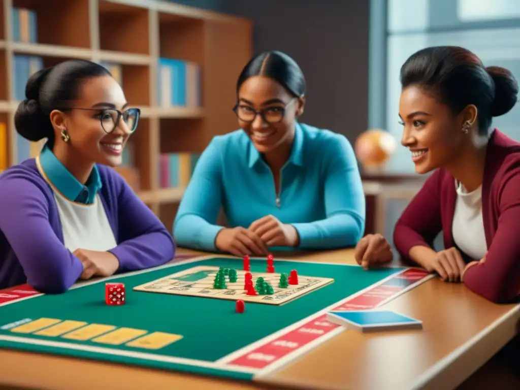 Grupo diverso de estudiantes concentrados y entusiasmados jugando un juego de mesa educativo en aula