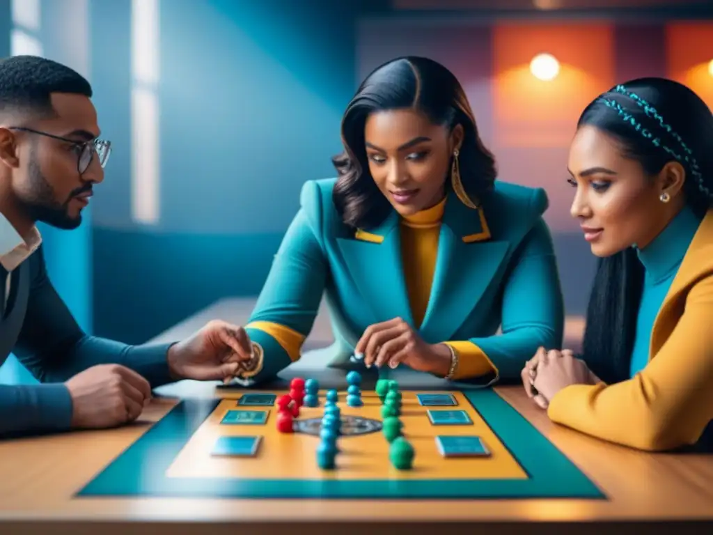 Grupo diverso de estudiantes concentrados en juego de mesa sobre ciencias sociales en aula educativa