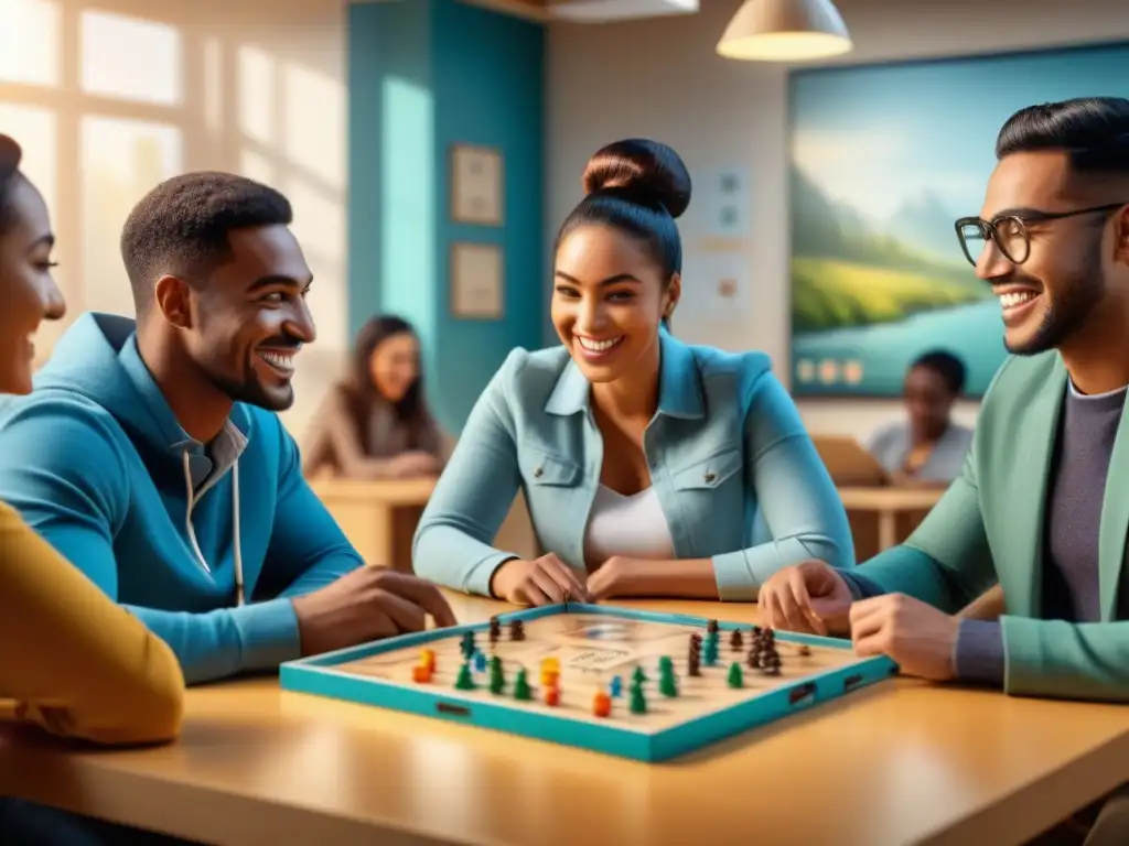 Grupo diverso de estudiantes concentrados y felices en sesión de juegos de mesa inclusivos educativos en aula luminosa