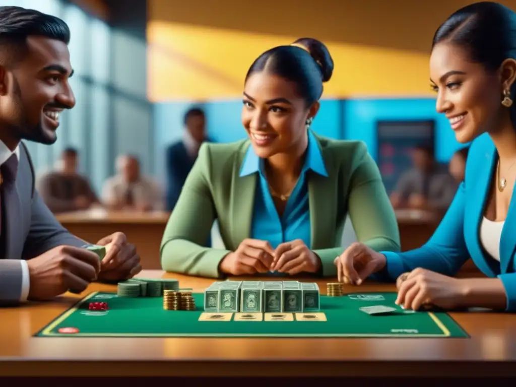 Grupo diverso de estudiantes concentrados y emocionados jugando un juego de mesa sobre enseñanza financiera en un aula luminosa