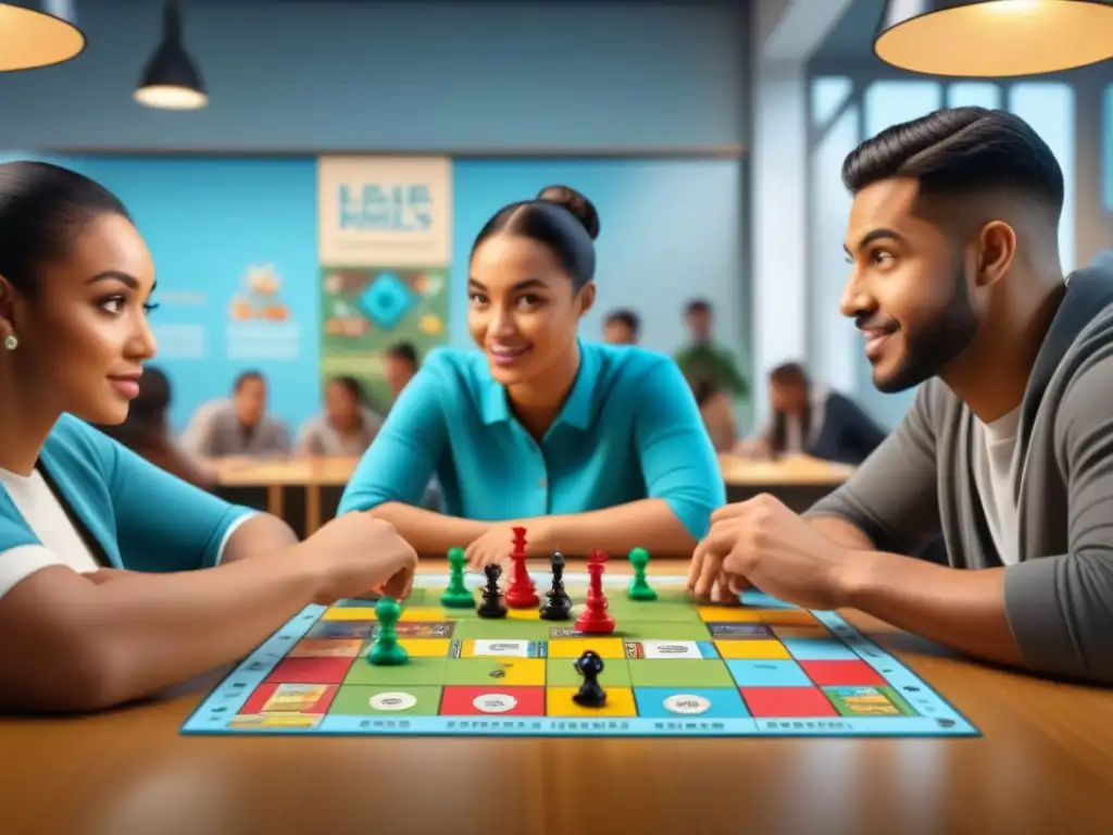 Grupo diverso de estudiantes concentrados y colaborando en un juego de mesa en el aula