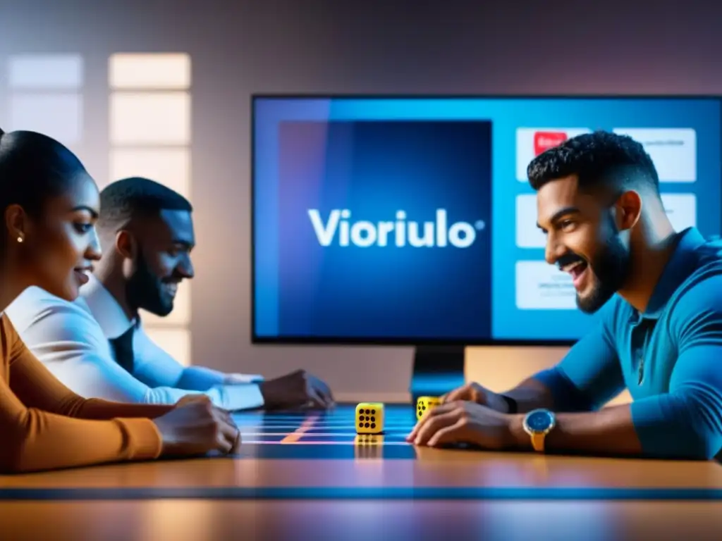 Grupo diverso de estudiantes concentrados y entusiastas jugando juegos de mesa educativos en un aula virtual