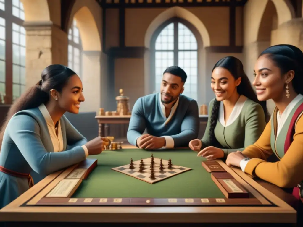 Grupo diverso de estudiantes concentrados en un juego de mesa histórico en un castillo medieval