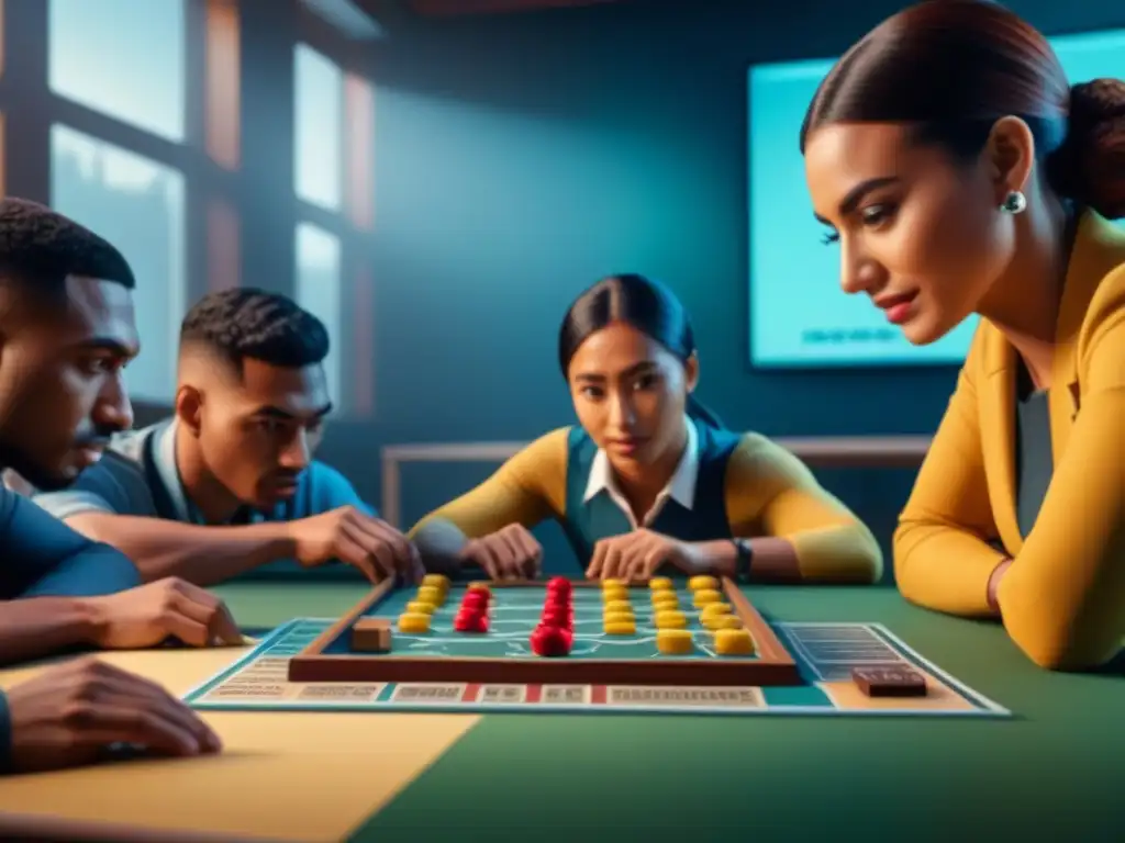 Grupo diverso de estudiantes concentrados en emocionante juego de mesa matemático en aula