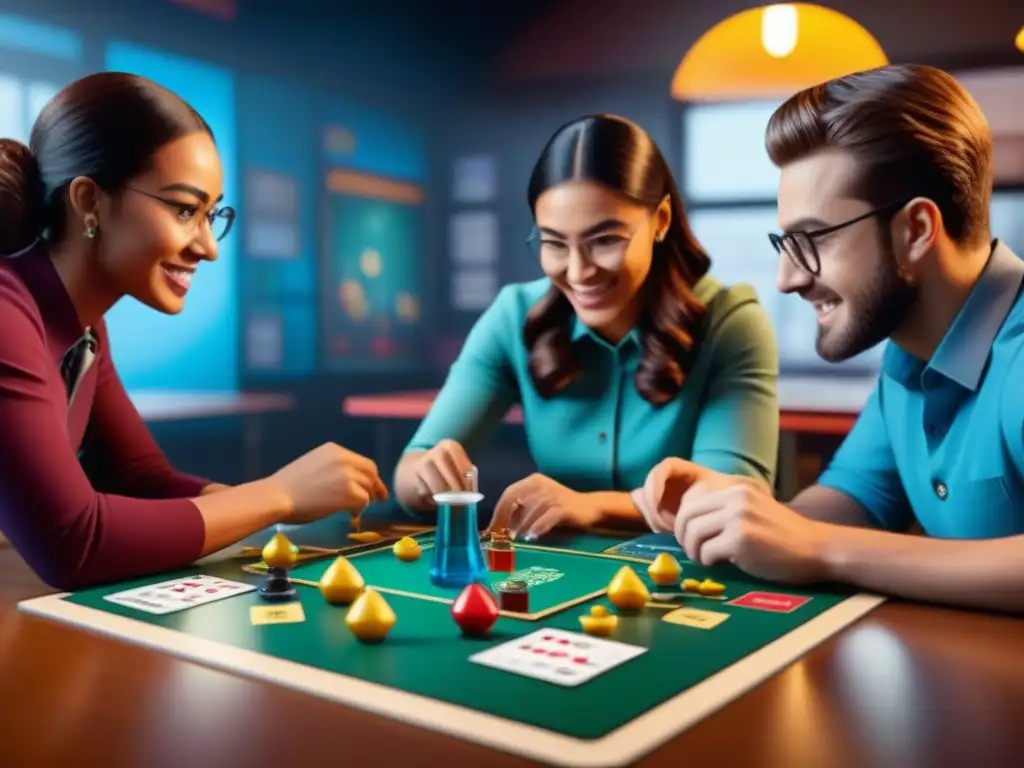 Grupo diverso de estudiantes concentrados y emocionados jugando un juego de química en un aula