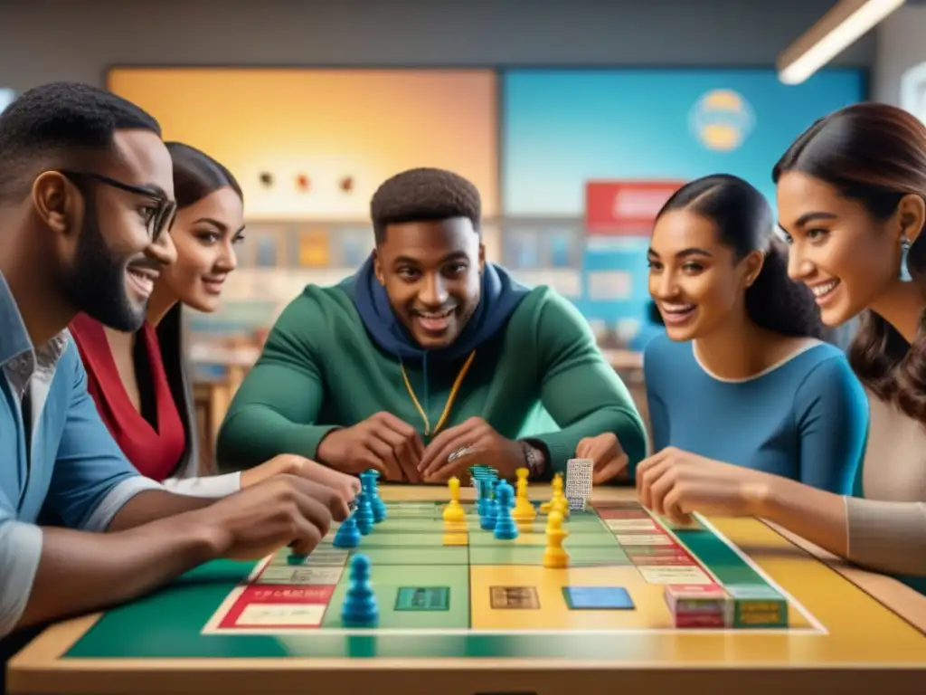 Grupo diverso de estudiantes concentrados y emocionados en juego de mesa en aula luminosa