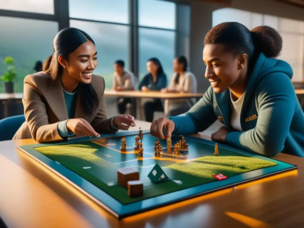 Grupo diverso de estudiantes concentrados en juego de mesa educativo sobre sostenibilidad en aula iluminada por sol