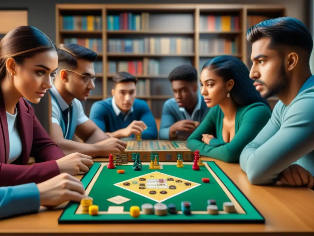 Grupo diverso de estudiantes concentrados en un juego de mesa en un aula