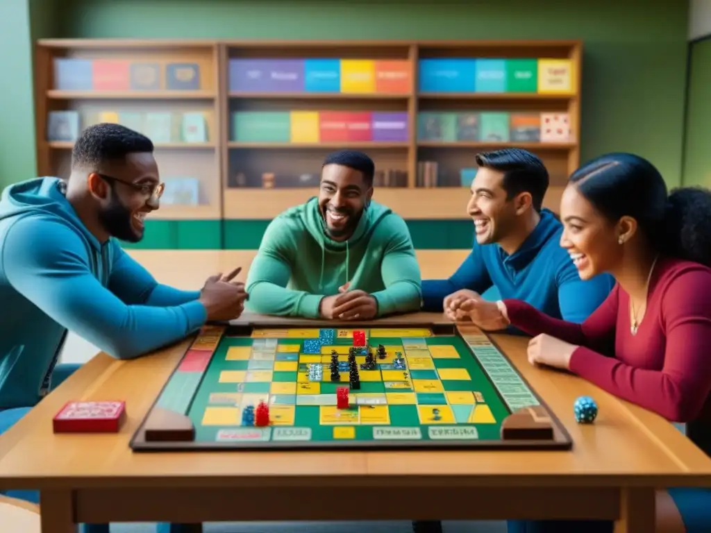 Grupo diverso de estudiantes de diferentes edades disfrutando de juegos de mesa en un aula vibrante, con un impacto educativo