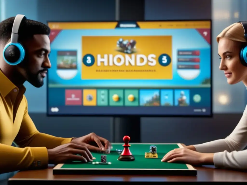 Juego estratégico en aula virtual: diversión y aprendizaje en equipo Grupo diverso de estudiantes juega emocionados en aula virtual con juegos de mesa educación distancia