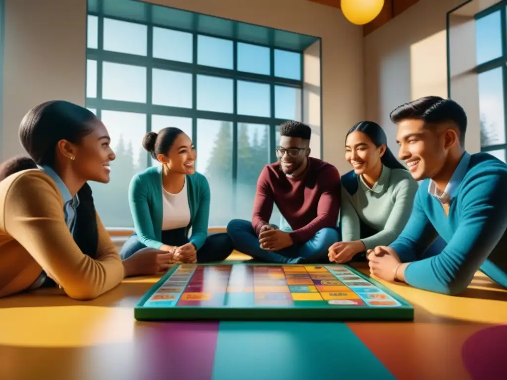 Grupo diverso de estudiantes juega un emocionante juego educativo en aula colorida