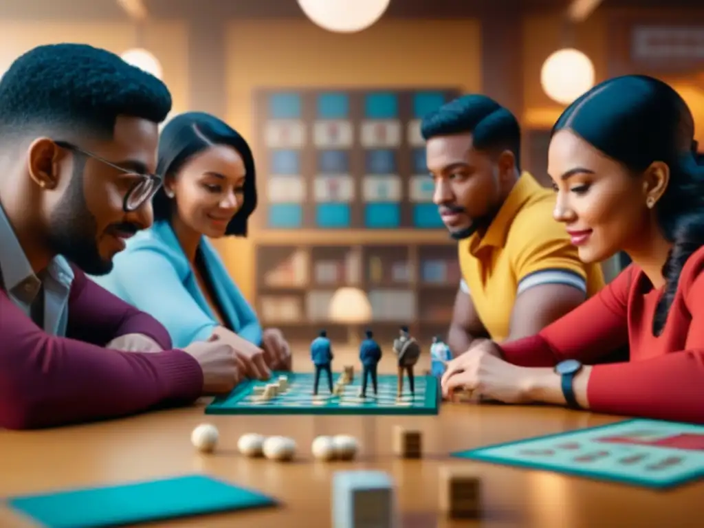 Grupo diverso de estudiantes discutiendo estrategias en un animado juego de mesa educativo en aula