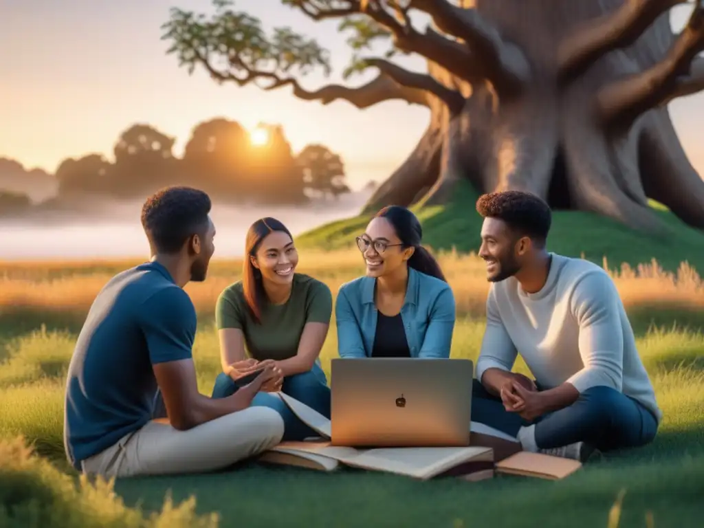 Un grupo diverso de estudiantes discute sobre el éxito del Juego de la Vida bajo un árbol al atardecer