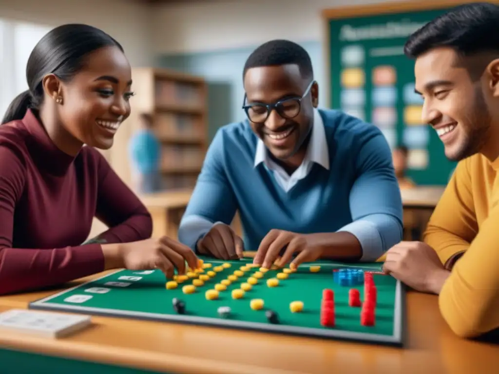 Un grupo diverso de estudiantes con diferentes habilidades disfrutan de juegos de mesa en educación especial en un aula inclusiva y colorida