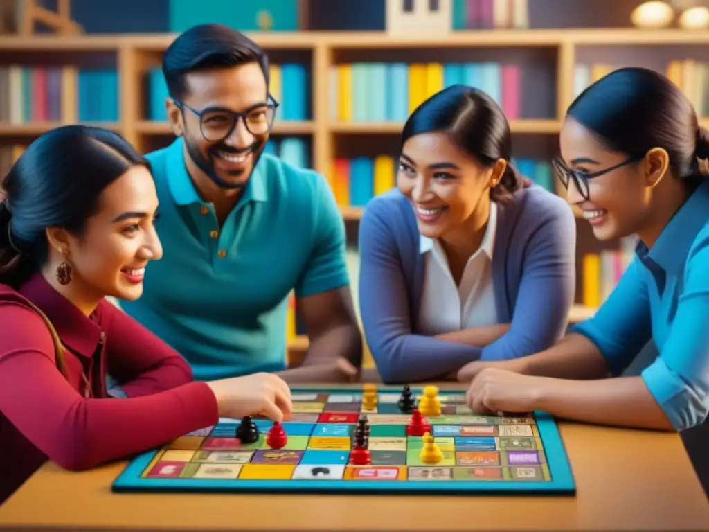 Grupo diverso de estudiantes de idiomas concentrados en juegos de mesa coloridos, rodeados de recursos educativos