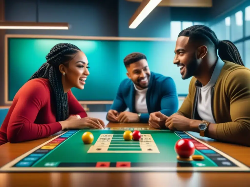 Grupo diverso de estudiantes inmersos en un juego de mesa educativo en un aula vibrante