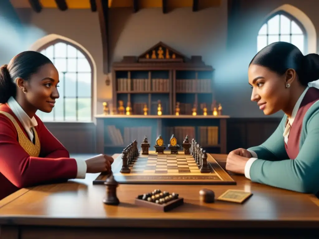 Grupo diverso de estudiantes inmersos en un juego de mesa histórico en un castillo medieval