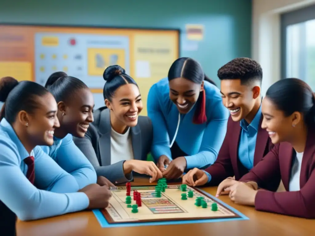 Grupo diverso de estudiantes juega un juego de mesa de trabajo en equipo en aula, colaborando y sonriendo