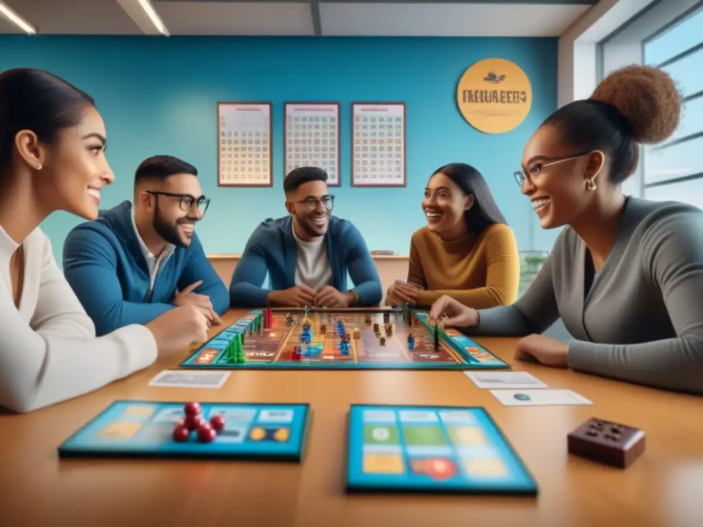 Grupo diverso de estudiantes disfrutan de un juego de mesa en aula luminosa