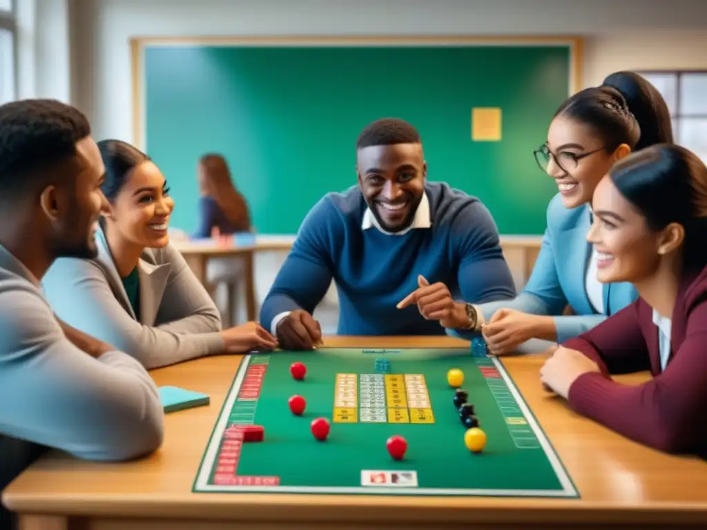 Grupo diverso de estudiantes disfrutando de un juego de mesa educativo en aula iluminada, con la maestra participando