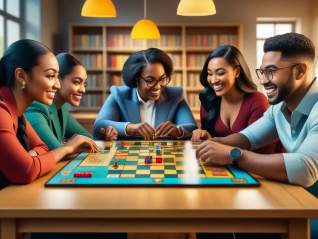 Grupo diverso de estudiantes disfrutando de un juego de mesa en el aula, fomentando estrategias educativas