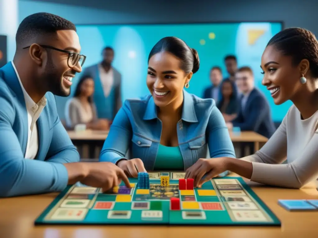 Grupo diverso de estudiantes juega un juego de mesa en aula moderna