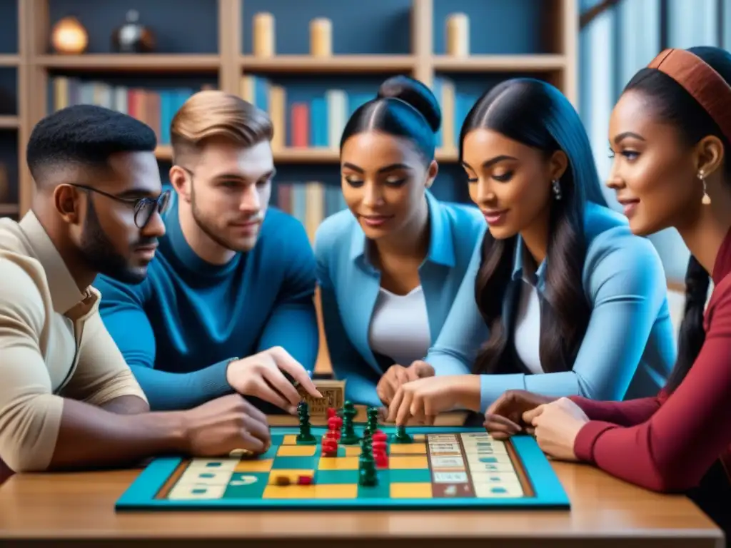 Un grupo diverso de estudiantes se concentra en un juego de mesa estratégico, fomentando la inteligencia y el trabajo en equipo