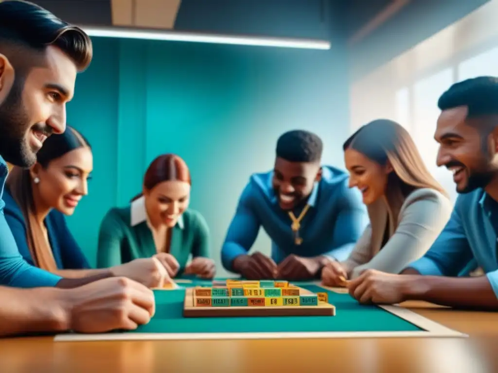 Grupo diverso de estudiantes disfrutando de un juego de mesa educativo en el aula