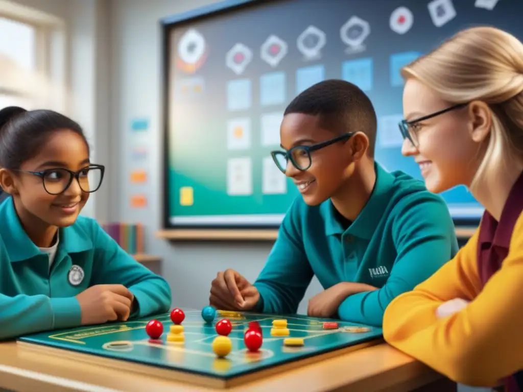 Grupo diverso de estudiantes disfrutando de juegos de mesa educativos ciencias en aula moderna