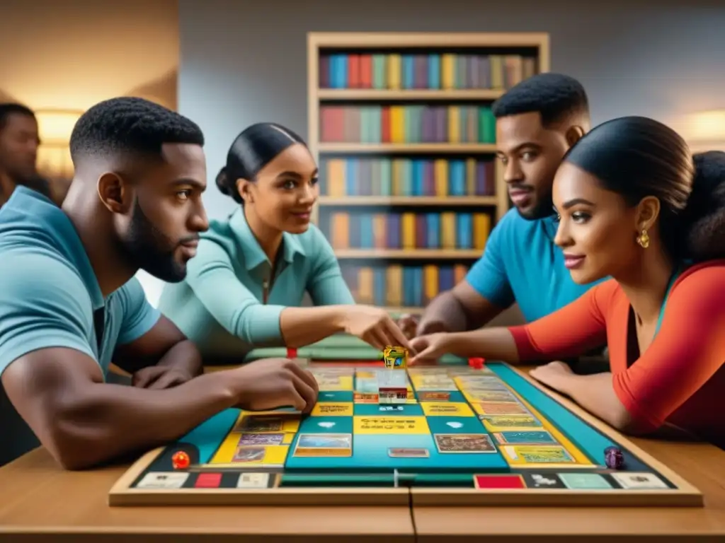 Grupo diverso de estudiantes disfrutando de juegos de mesa para memorizar en un ambiente educativo vibrante y dinámico