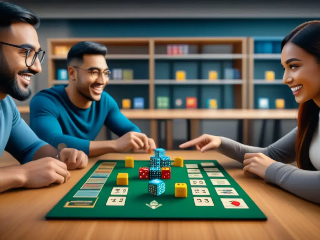 Grupo diverso de estudiantes disfrutando de juegos de mesa educativos en aula