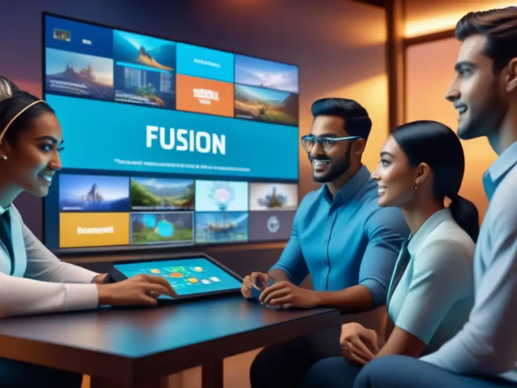 Grupo diverso de estudiantes colaborando en juegos de mesa en educación, en un aula virtual futurista