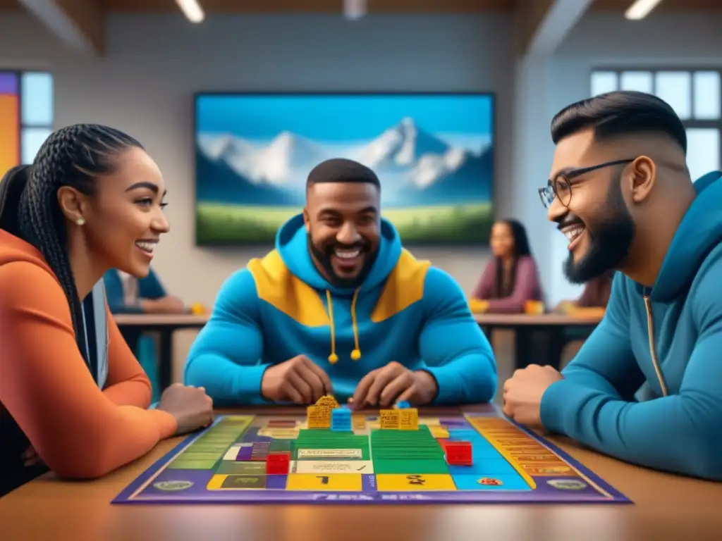 Grupo diverso de estudiantes disfrutando juegos de mesa inclusivos en aula inclusiva