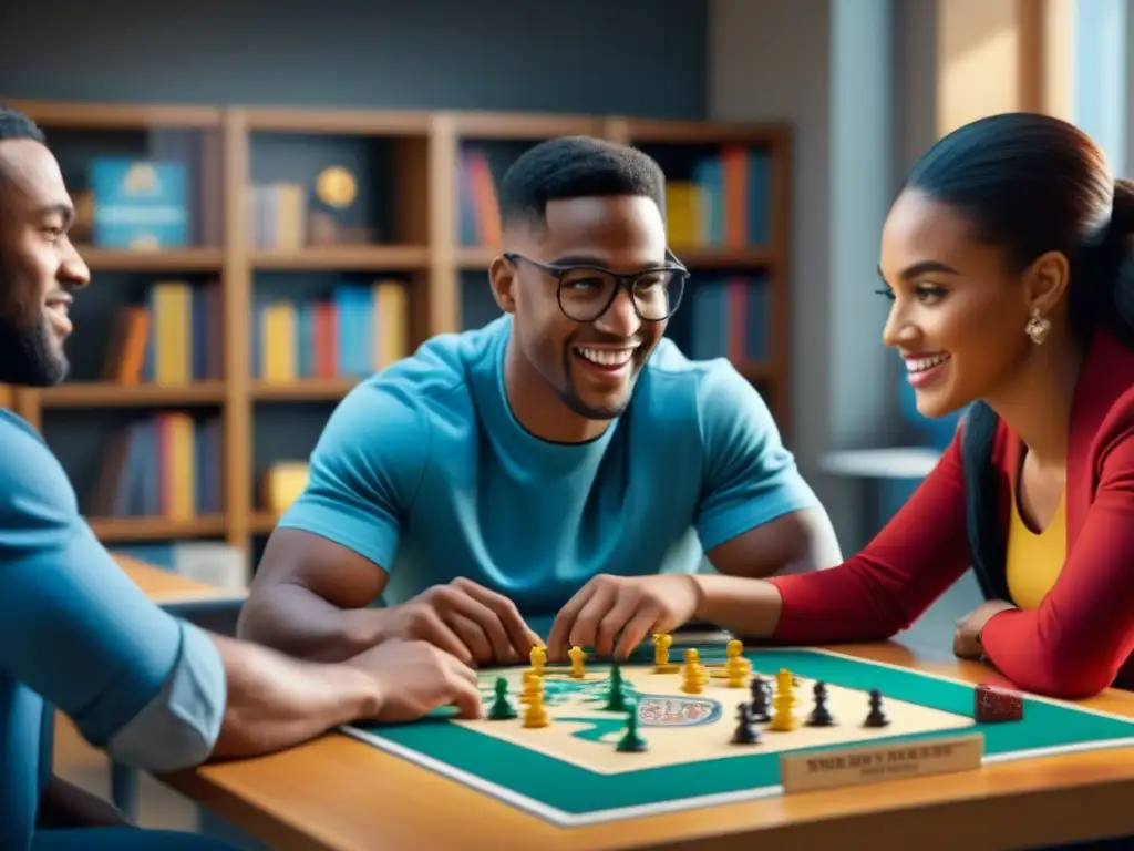 Grupo diverso de estudiantes disfrutando de juegos de mesa educativos en un aula dinámica