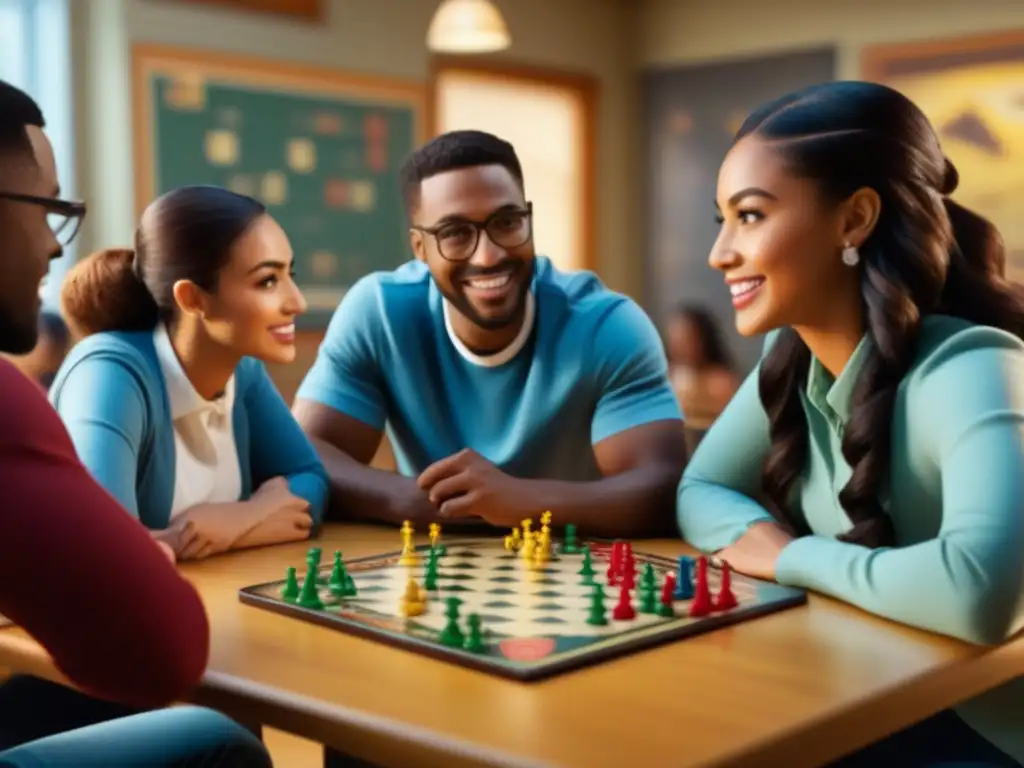 Un grupo diverso de estudiantes disfruta y aprende con juegos de mesa en un aula luminosa