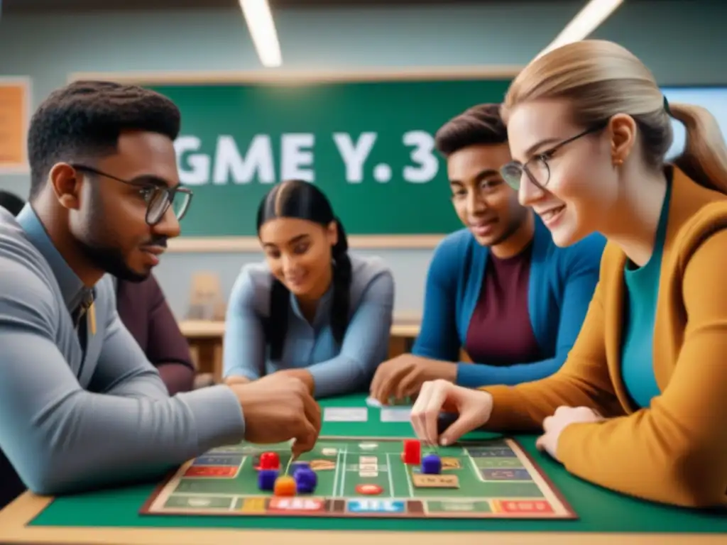 Grupo diverso de estudiantes juegan apasionadamente juegos de mesa en aula luminosa