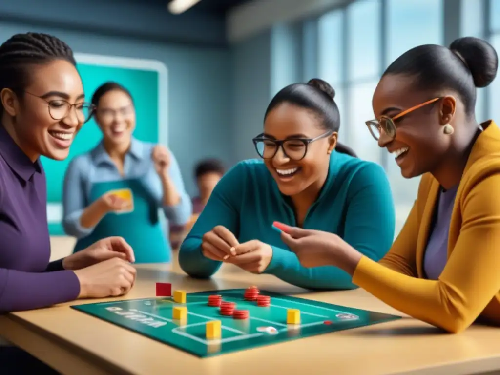 Un grupo diverso de estudiantes con necesidades especiales juega un juego de mesa en un aula luminosa