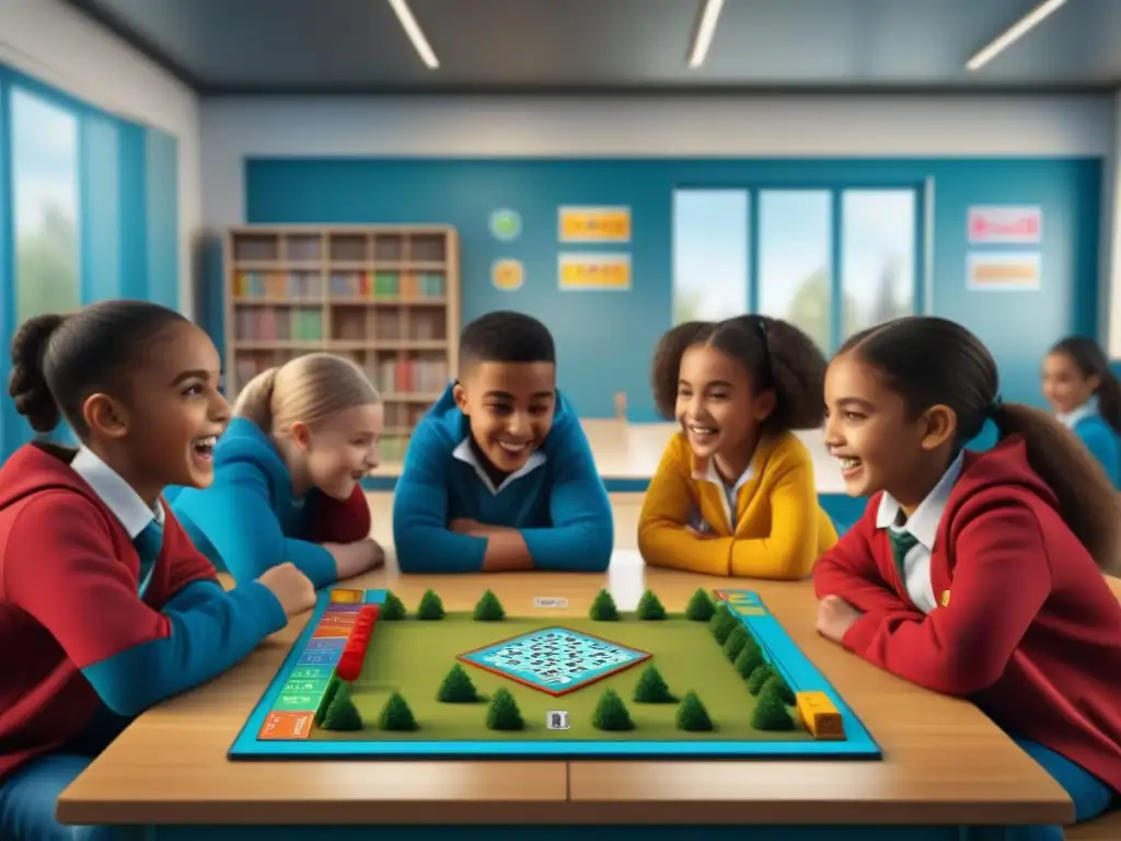 Grupo diverso de estudiantes de primaria disfrutando de juegos de mesa educativos en un aula acogedora y colorida