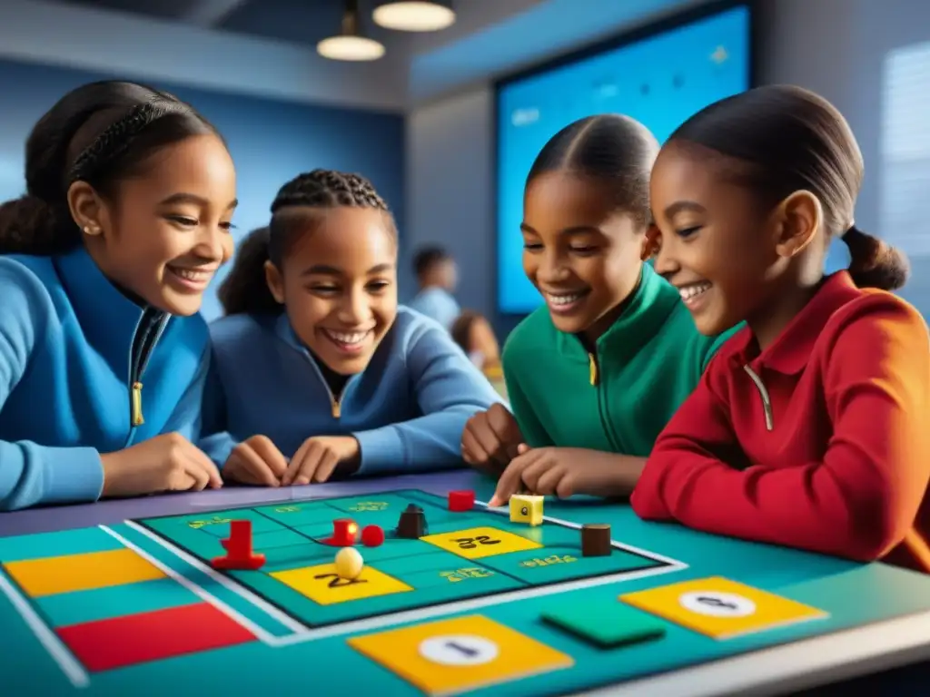 Grupo diverso de estudiantes de primaria concentrados y sonrientes resolviendo problemas matemáticos en un juego de mesa educativo