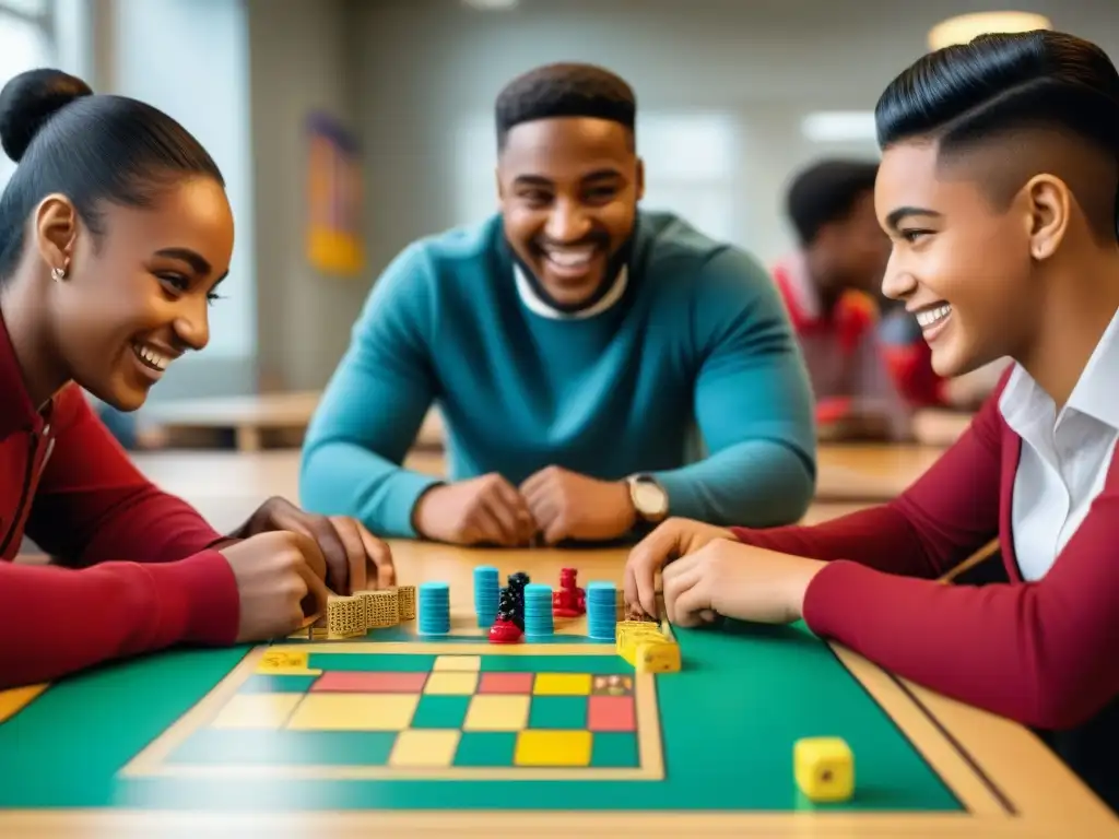 Grupo diverso de estudiantes de secundaria inmersos en juegos de mesa, promoviendo la diversidad