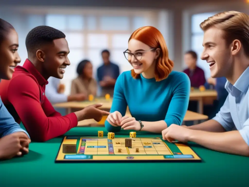 Grupo diverso de estudiantes de secundaria colaborando y estrategizando en un juego de mesa en un aula iluminada, fomentando el trabajo en equipo