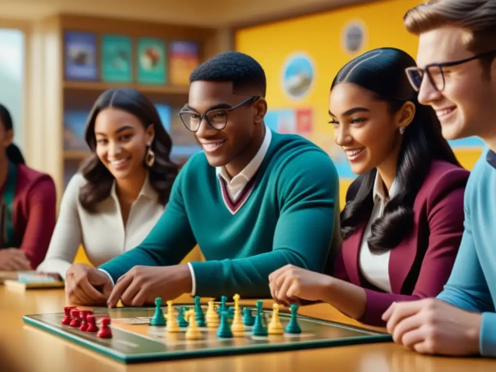 Grupo diverso de estudiantes de secundaria concentrados y emocionados jugando un juego de mesa educativo en un aula luminosa