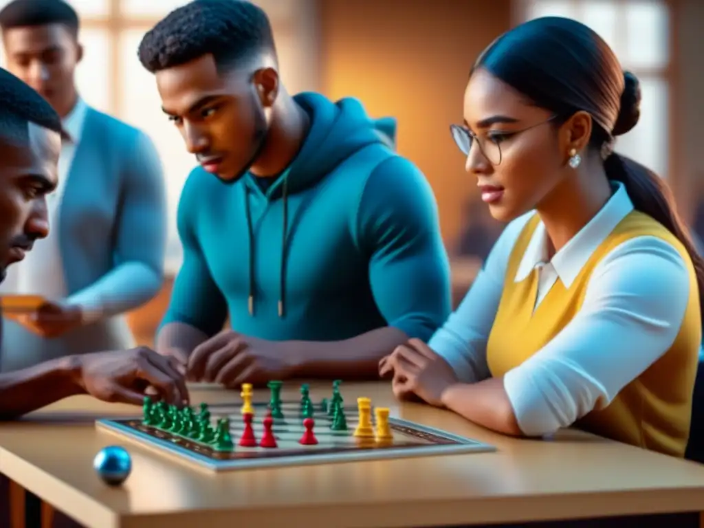 Grupo diverso de estudiantes de secundaria concentrados y emocionados jugando un juego de mesa estratégico en un aula