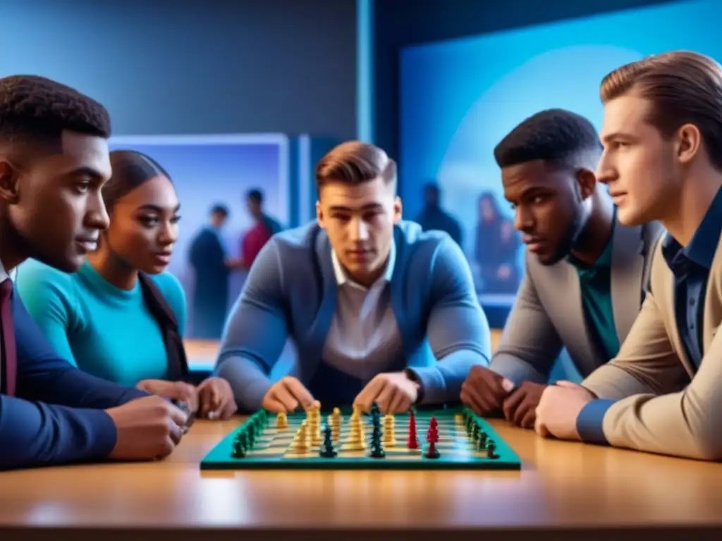 Grupo diverso de estudiantes de secundaria concentrados y colaborando en un juego de mesa estratégico en un aula moderna, rodeados de cajas coloridas