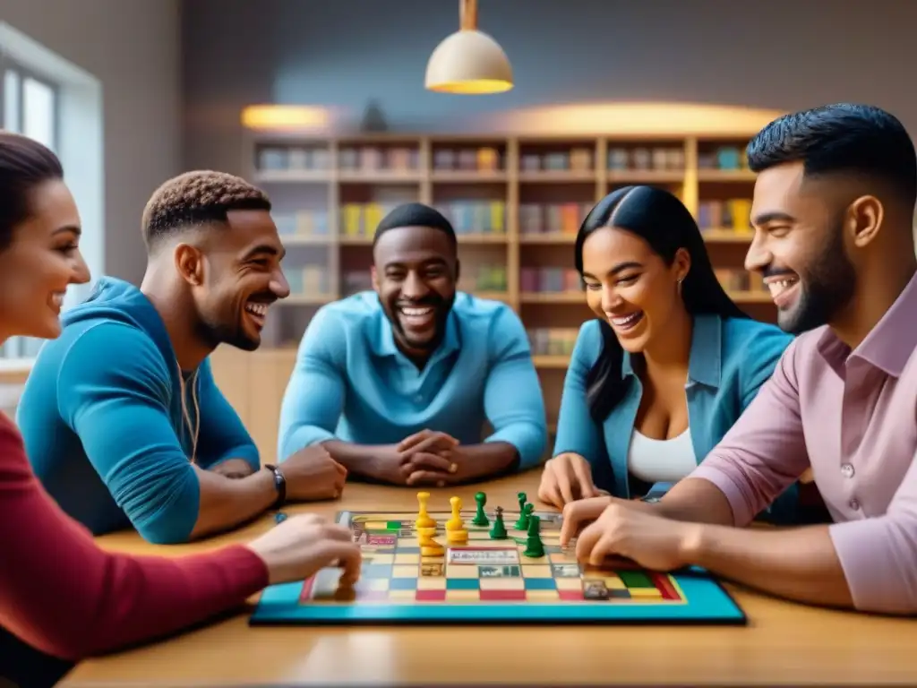 Grupo diverso de estudiantes sonrientes disfrutando y colaborando en juegos de mesa en aula iluminada