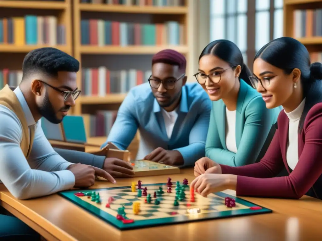 Grupo diverso de estudiantes universitarios disfrutando de un intenso juego de mesa en la biblioteca del campus