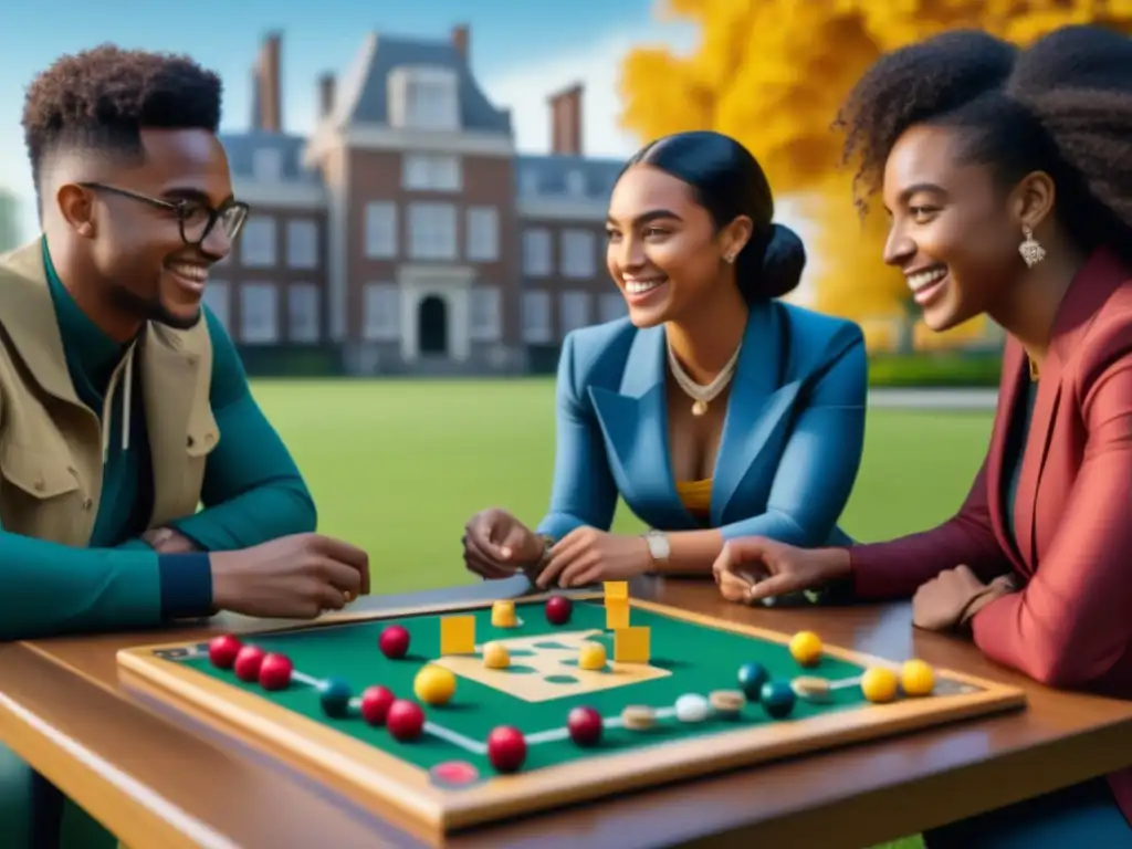 Un grupo diverso de estudiantes universitarios juega un juego de mesa en el campus, mostrando inclusión y camaradería