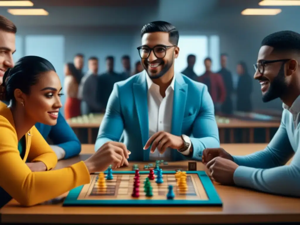 Estudiantes universitarios disfrutan de juegos de mesa en aula moderna Grupo diverso de estudiantes universitarios disfrutando de juegos de mesa en educación superior