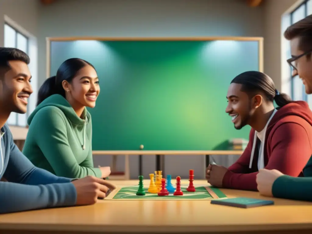 Grupo diverso de estudiantes universitarios inmersos en una partida de juegos de mesa en aula luminosa